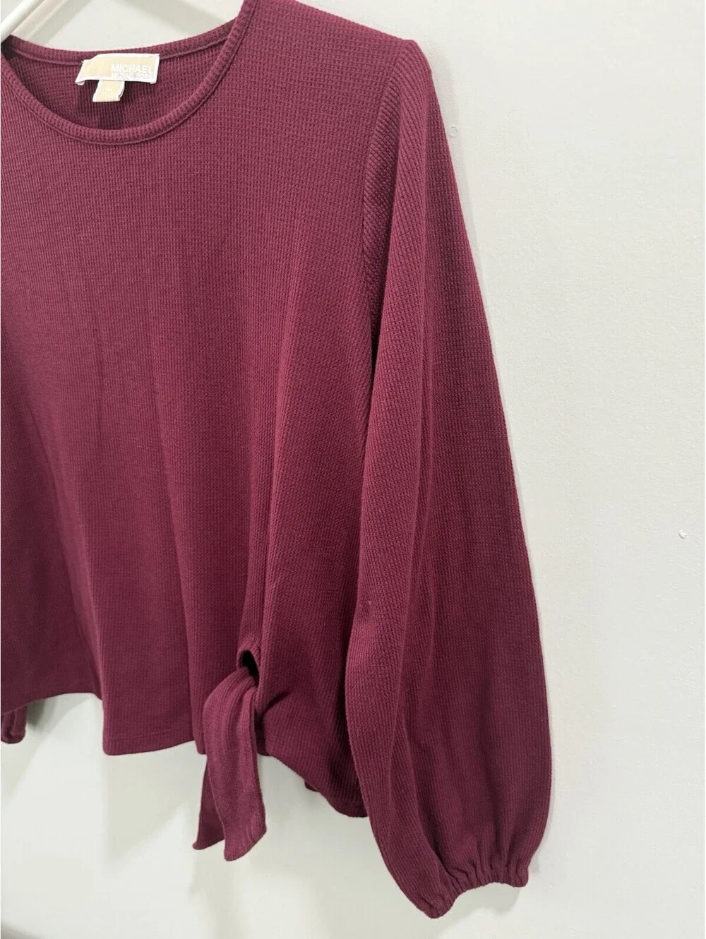 MICHAEL Michael Kors Burgundy Solid Knit Round Neck Balloon Sleeve Tie Hem M